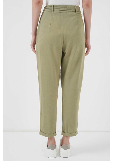 Gabria Kemerli Duble Paça Keten Pantolon Haki