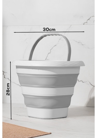 Porsima 2li Katlanır Temizlik Seti - Katlanır Sepet 25lt - Katlanır Kova 10lt Beyaz - Gri