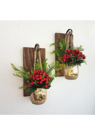 Duvar Dekoru, Led Işıklı, Kokina Yılbaşı Çiçeği, Ceviz Aplik İkili Set