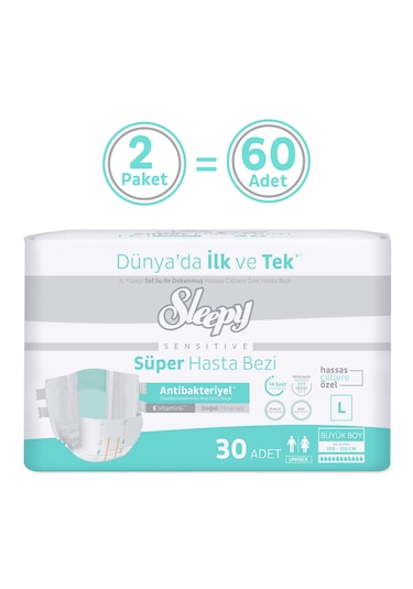 Sleepy Sensitive Antibakteriyel Süper Yetişkin Hasta Bezi Large 30x2 60 Adet L