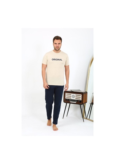 Akbeniz Erkek Kısa Kol Penye Pijama Takımı 6867 Krem Krem