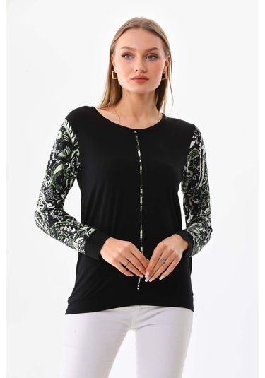 Sistas Kadın Kolları Desenli Uzun Kol Bluz 23320 Siyah