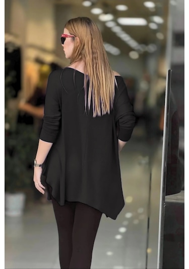 Kayık Yaka Asimetrik Bluz Siyah