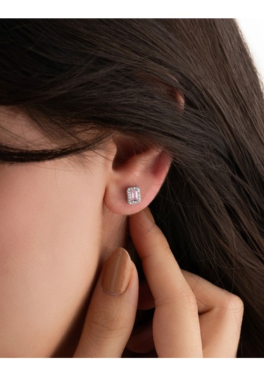 925 Ayar Rodyum Baget Kesim Pembe Taşlı Minimal Günlük Gümüş Küpe Gümüş