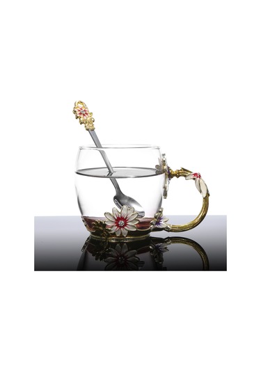 Monyee 320ml Kahve Rengi Porselen Çiçek Desenli Bardak + Kaşık + Temizleme Bezi Seti - Isı Dayanıklı Çay/kahve Bardakları - Ev Dekorasyonu Paket Kahve