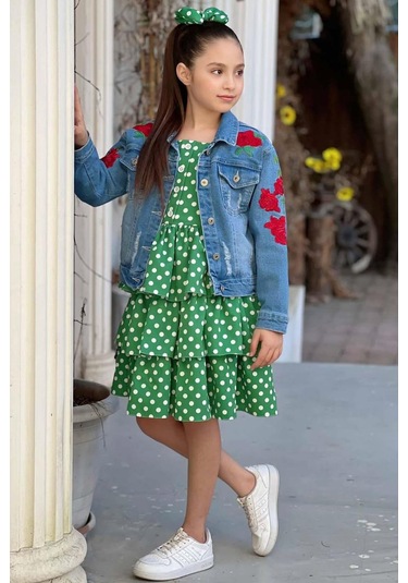 Riccotarz Kız Çocuk Çiçek Baskılı Kot Ceket Puantiyeli Kat Kat Piliseli Yeşil Elbise Yeşil