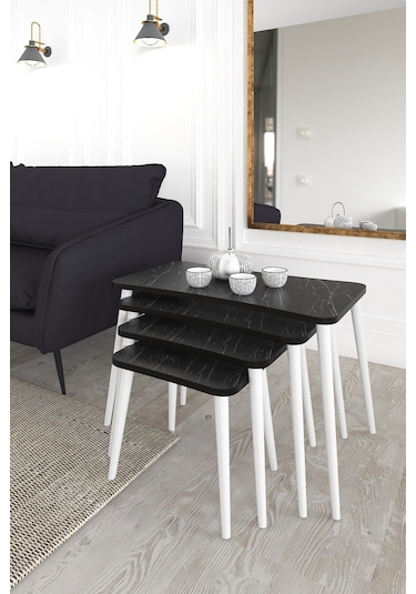 Alanur 5li Orta Sehpa Ve Zigon Sehpa Ahşap Ayaklı Çay Kahve Sehpası Xl Salon Seti Siyah Mermer