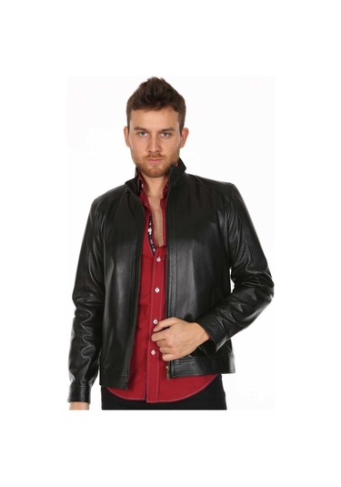 Hakiki Kuzu Derisi Siyah Fermuarlı Casual Erkek Deri Ceket Siyah