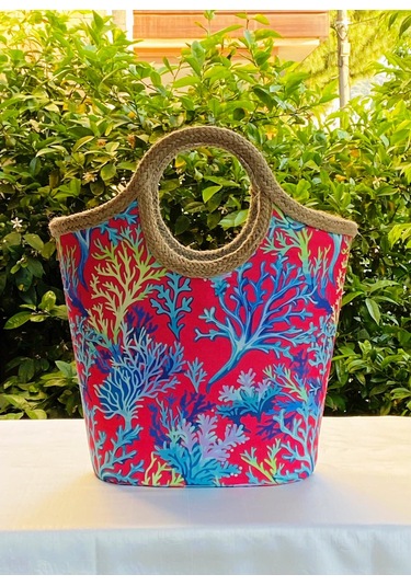 Jüt Hasır Rengarenk Mercan Plaj Çantası Çok Renkli