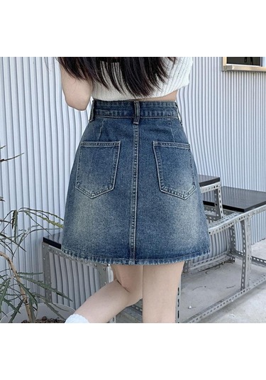 Spice Girls A-kesim Denim Etek Kadın Yaz Yırtmaçlı Cepli Yüksek Bel Kalça Saran Yarım Boy Vintage Etek Mavi