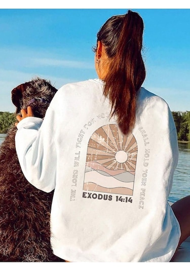 Exodus 14:14 Kışlık Kalın Sweatshirt - Beyaz Baskılı Oversize Kalın Kışlık Bisiklet Yaka Beyaz