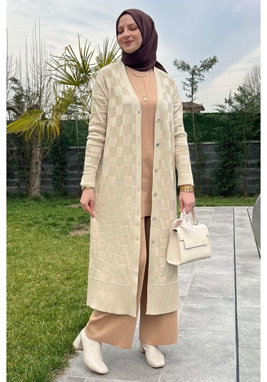 Rabia Şamlı Dama Desenli Taş Triko Hırka Çok Renkli