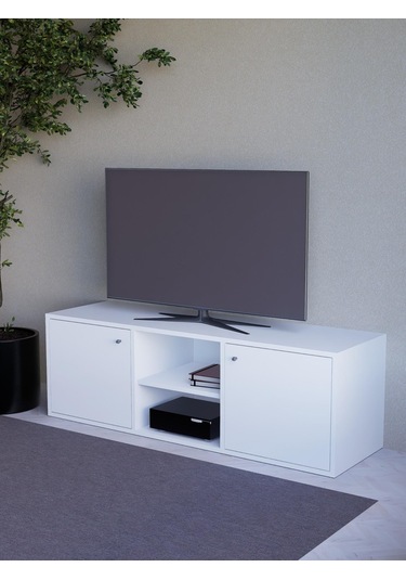 Detamob Beyaz Tv Ünitesi, 2 Kapaklı Raflı Tv Sehpası - 138cm Mdf Beyaz