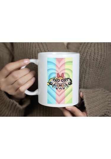 Powerpuff Girls Gökkuşağı Desenli Renkli Kupa Bardak - Eğlenceli Güçlü Kadın Hediye Beyaz