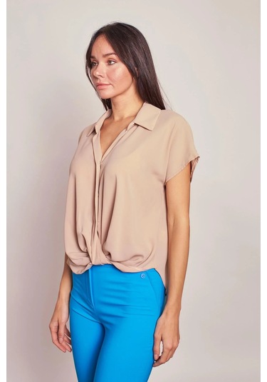 Likrasız Şık Kumaş Yakalı Düşük Omuzlu Önü Pileli Gömlek-Kum Beji Kum Beji
