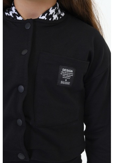 Toontoy Kız Çocuk Kolej Yaka Çıtçıt Kapama Baskılı Renk Bloklu Örme Hırka - 2 İplik Şardonlu Siyah