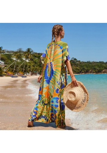 Edolynsa Kadınlar Zarif Kaftan Elbiseler Uzun Artı Boyutu Mayo Cover Up Resort Giyim Plaj Mayo Coverups Gevşek Loungewearq1464 Çok Renkli