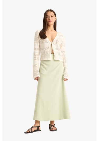 DeFacto A Kesim Yüksek Bel Keten Karışımlı Maxi Etek E9805AX25SMGN1181 Yeşil