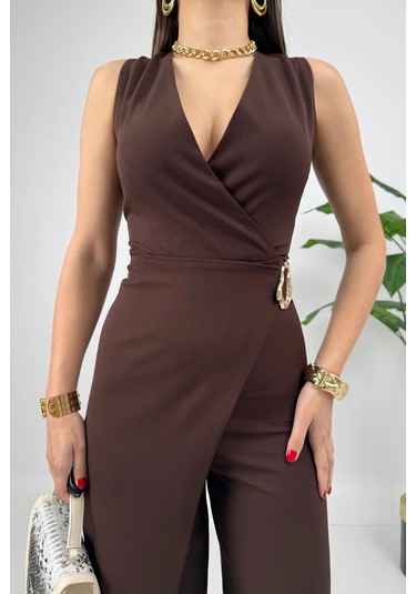 Crimson Icon Kadın Kemer Detaylı Askılı Bol Paça Kahve Tulum Rahat Şık Yazlık Kombin Kahve