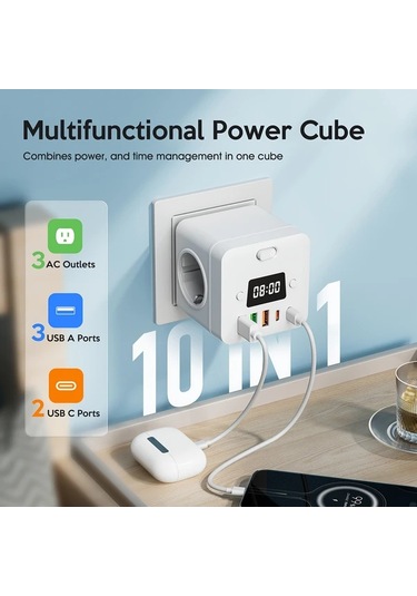 Motion003 Beyaz 3 Ac Cikisi 3 Usb A Ve 2 Usb C Portlu Kompakt Cok Fonksiyonlu Guc Kubu Duvara Monte Edilebilir Asiri Gerilim Korumali Siyah