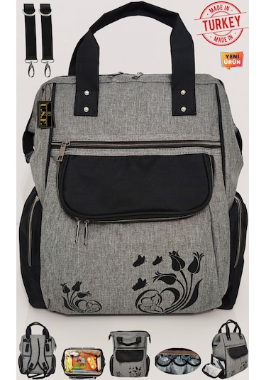 Bebek Bakım Çantası Organizatör Fonksiyonel Termal Anne Bebek Bakım Sırt Çantası Lale Gri Siyah Gri - Siyah