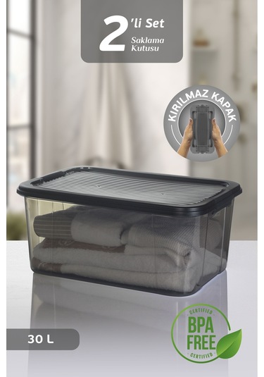 2'li 30l Multibox Saklama Kabı Kilitli Kapaklı Çok Amaçlı Düzenleyici Kiler Depolama Saklama Kutusu Siyah