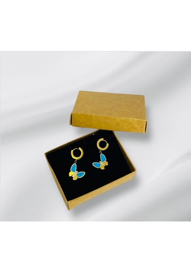 1001 Aksesuar Kelebek Model Turkuaz Ve Gold Renkli Çelik Küpe