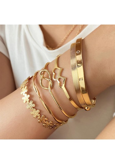 Fosenze Altın Renkli, Ayarı Uçan, Çok Katlı Stackable Bilezik Seti 6 Adet - Kalp, Düğüm, Çiçek Ve "love" Desenleriyle Zengin Tasarım Altın