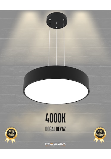 Drum 40cm Siyah Kasa, Doğal Beyaz Işık Modern Sarkıt Led Avize Siyah