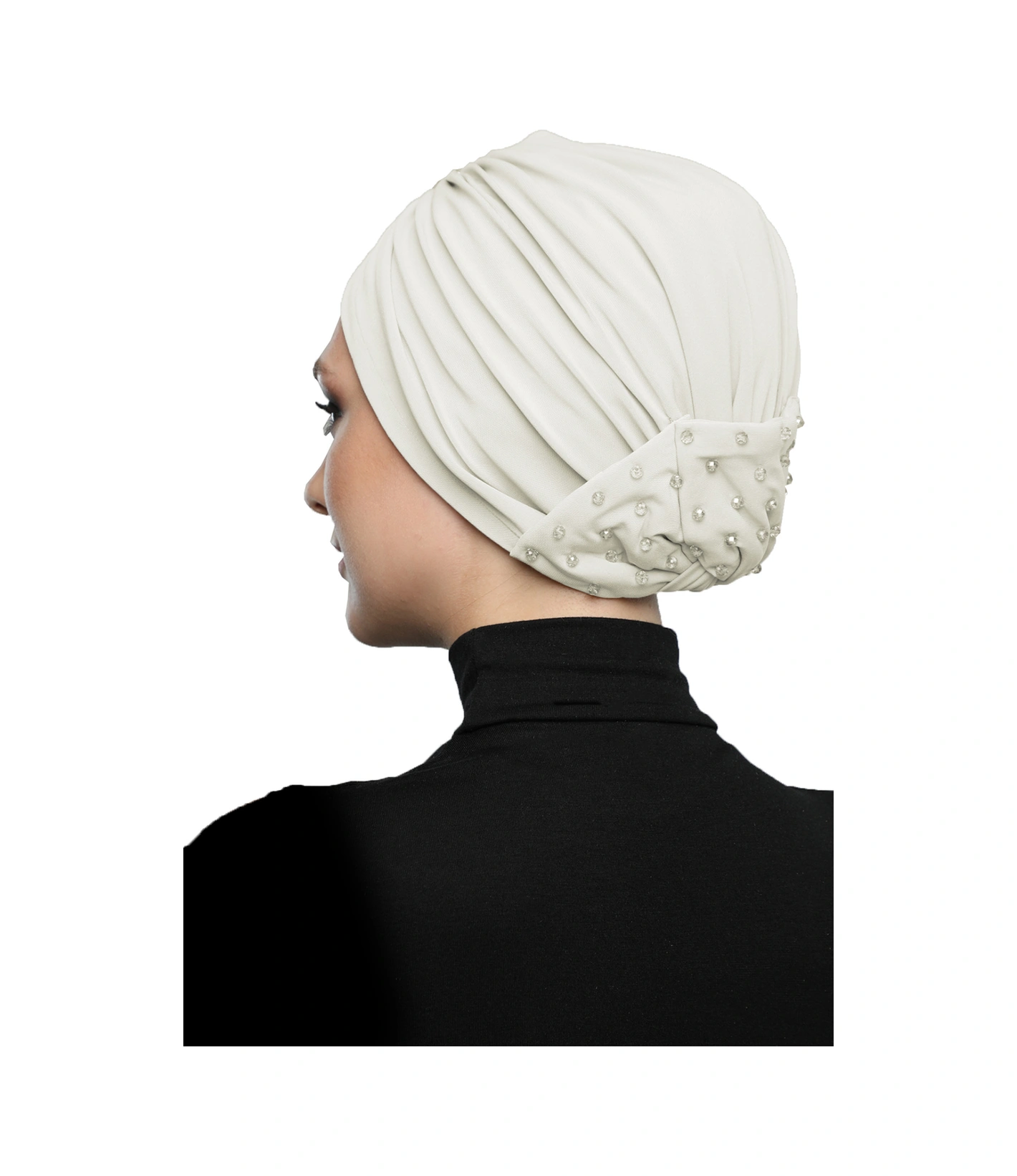 Kristal Yelpaze Taş Işlemeli Çift Taraflı Astarlı Krem Hazır Türban Tesettür Abiye Bone Krem