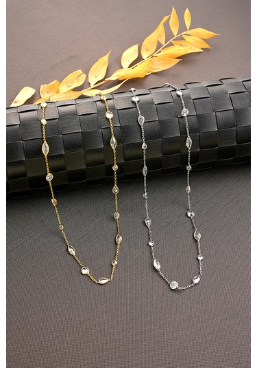 925 Ayar Gümüş Mekik Damla Yuvarlak Zirkon Taş Atlamalı Kolye Altın