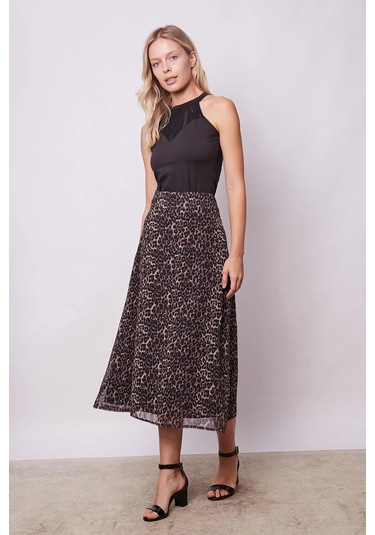 Kadın Desenli Şifon Astarlı Yüksek Bel Kemerli Midi Boy Diz Altı Uzun Çan Etek-leopar Leopar