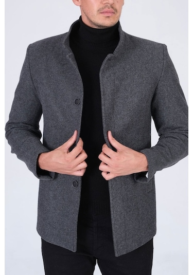 Erkek Slim Fit Hakim Yaka Füme Kısa Kaşe Kaban-Füme