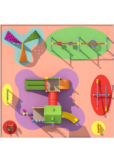 Çocuk Oyun Grubu, 6x5m İki Kaydıraklı Ev Çatılı -70 Çok Renkli