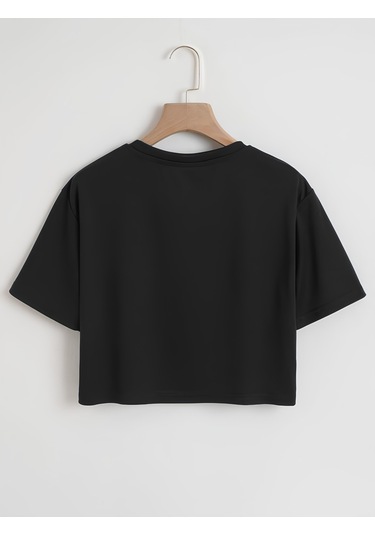 Kadın Oversize Bisiklet Yaka Düz Crop T-shirt - Siyah