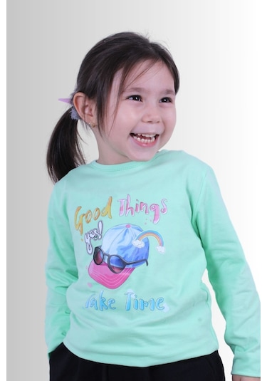 3'lü Love-cat Meow-good Things Baskılı Kız Çocuk Uzun Kol Fuşya-gri-yeşil Sweatshirt Çok Renkli