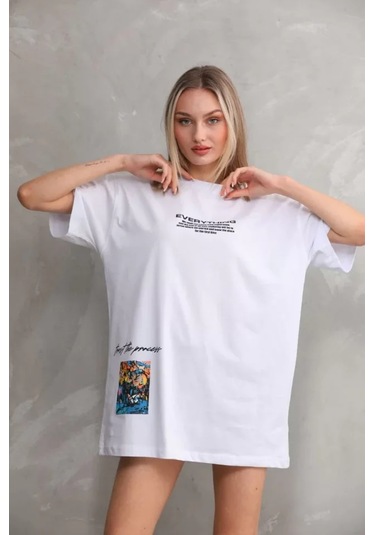 Periliçekeçe Unisex Bisiklet Yaka Baskılı Oversize T-shirt - Beyaz