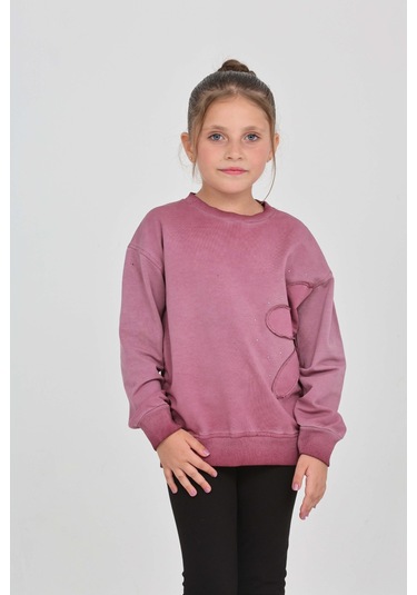 Toontoy Kız Çocuk Çiçek Nakışlı Sweatshirt Mürdüm