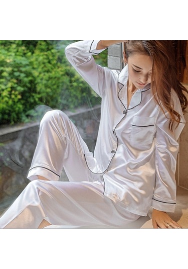 Sones Bayan İpek Uzun Kollu Pantolon Pijama Takımı Beyaz Açık Toka Beyaz