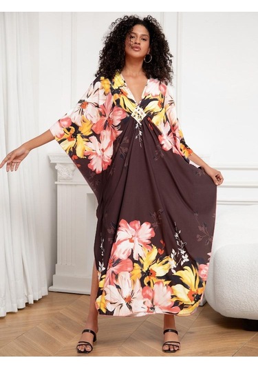 Edolynsa Şık Bohem Kadın Kaftan Kaftan Büyük Beden Ev Elbisesi Yarasa Kol Ev Giyim Mayo Örtüsü Ev Giyim Q1289 Çok Renkli