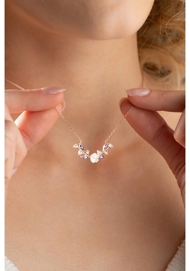 Nereze 925 Ayar Gümüş Mor Taşlı Manolya Çiçeği Zeytin Dalı Model Kolye