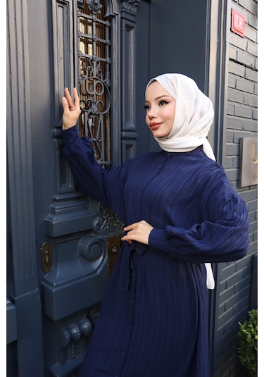 Kadın Lacivert Boydan Düğmeli Yarasa Kol Kuşaklı Lara Keten Uzun Tesettür Elbise Lacivert