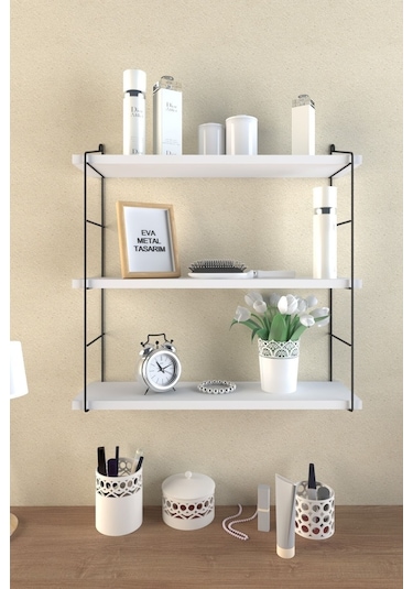 Eva Metal Tasarim Modern Büyük Boy 3 Katlı Duvar Rafı Beyaz