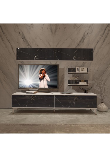 Decoraktiv Eko 5 Mdf Std Gold Tv Ünitesi Tv Sehpası Beyaz - Siyah Mermer