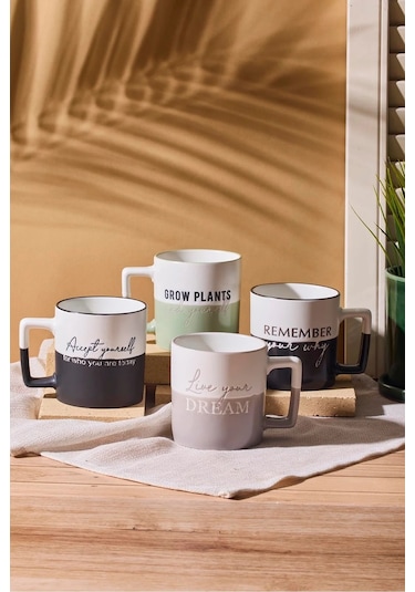 Motto 4'lü Porselen New Bone China 400 Ml Kupa Mug Seti Çok Renkli