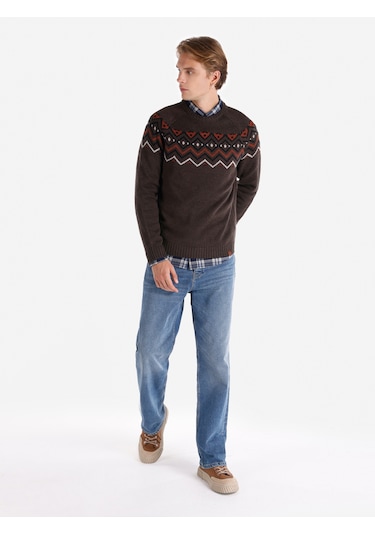 Colins Regular Fit Baskılı Triko Kahverengi Erkek Kazak Cl1066049 Kahverengi
