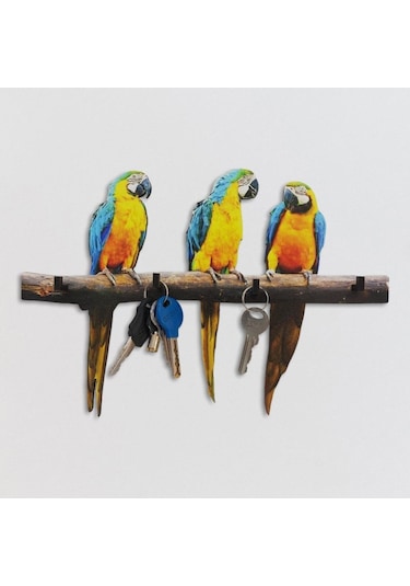 CajuArt Dal Üstünde Üç Renkli Papağan Anahtarlık Hol Duvar Askılık Süs Diğer