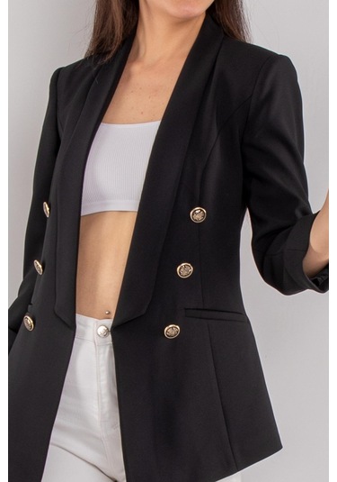 Ayhan Kadın Gold Düğme Detay Blazer Ceket 0599 Siyah Siyah