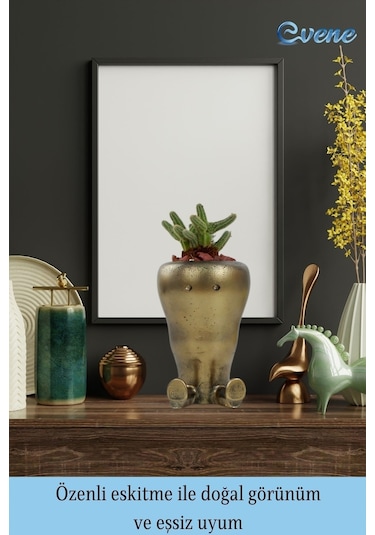 Saksı Çiçek Kaktüs Saksısı Lüx 13,5 Cm Gümüş Eskitme Varak Boyalı Havuç Desen Saksı Çiçeklik - Altın Eskitme