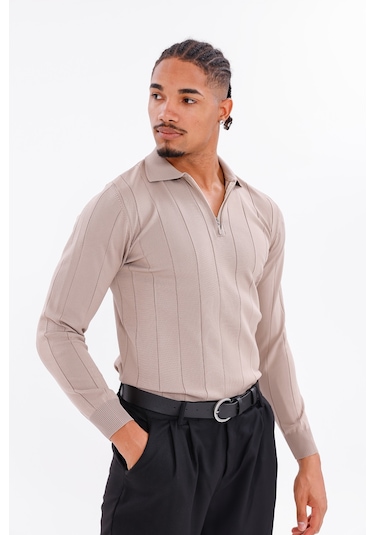 Monox Erkek Yarım Fermuarlı Polo Yaka Triko Kazak Taş